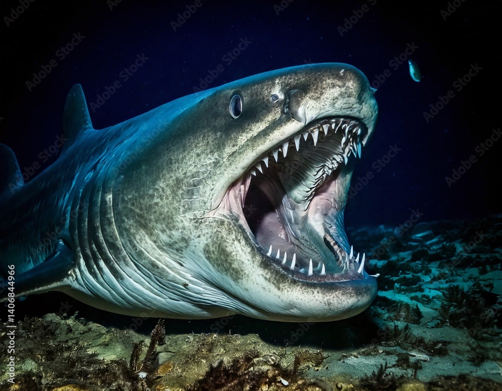 Naklejka premium Apex Predator: A close-up view of a formidable shark, displaying its powerful jaws and rows of razor-sharp teeth in its underwater habitat. A testament to the raw power of the ocean's apex predator.