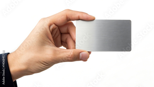 Hand Holding Blank Metal Business Card Mockup on White Background Perfect for Branding and Design Projects