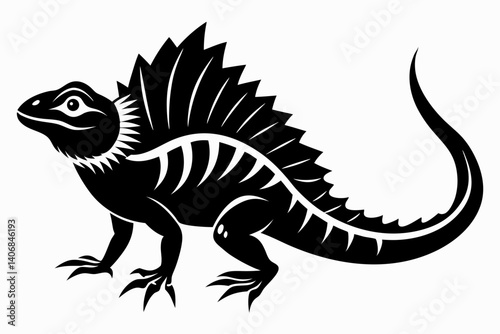 frilled lizard silhouette line art vector illustration