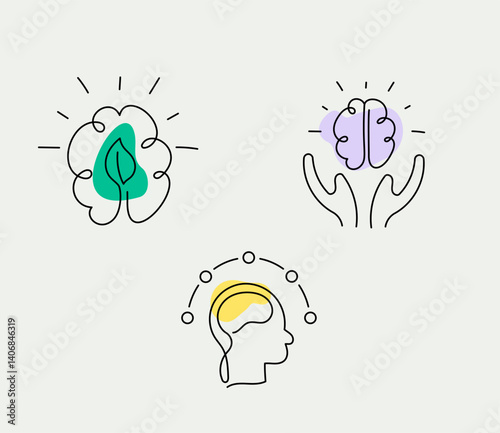 Mindfulness and Mental Wellness Icon Set. Includes Eco Thinking, Mental Support, and Cognitive Focus Concepts. Editable Stroke.