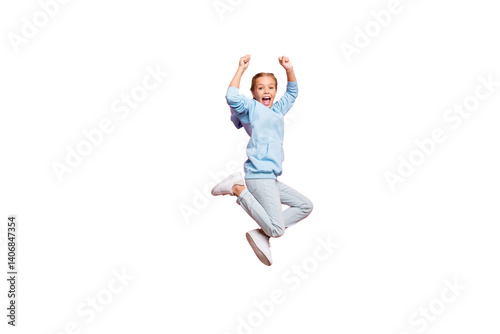 Принти на полотні Full body profile photo of pretty small lady jumping high celebrating best sport