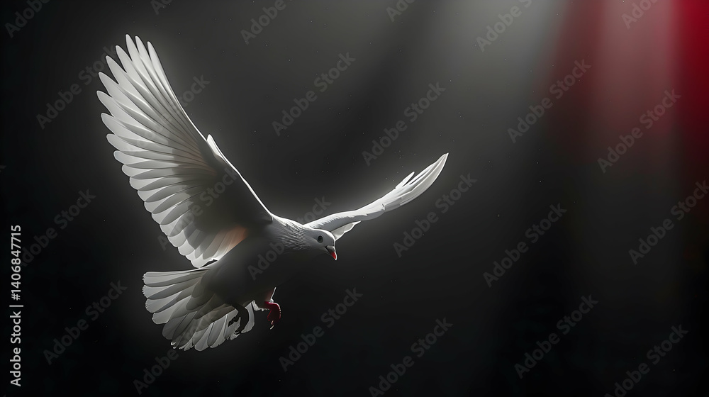 Obraz premium A white dove in mid flight with wings spread wide against a dark and partially lit background area