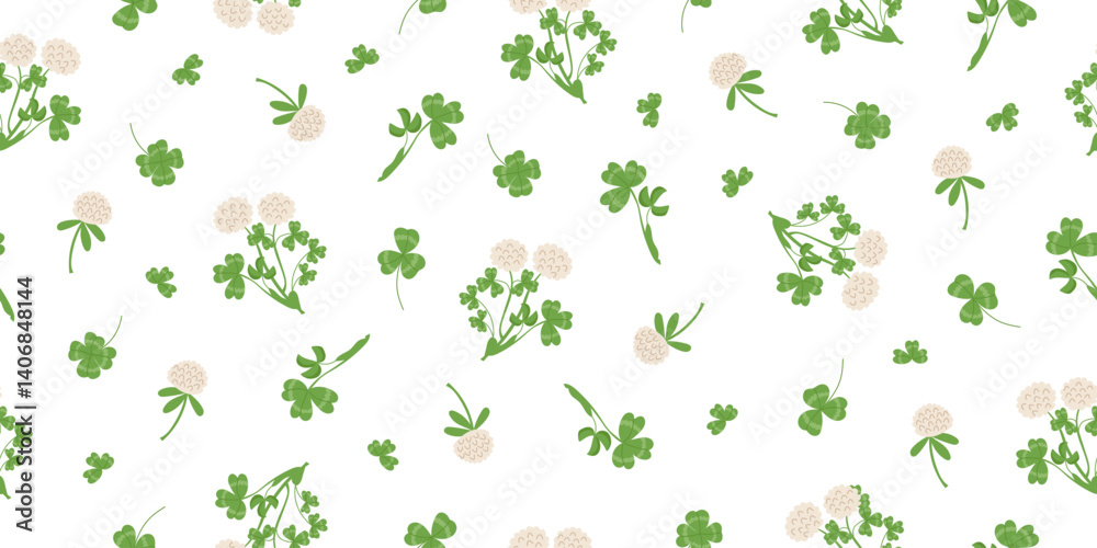 Gardening, spring and nature concept seamless pattern. Nature floral background of clover leaves and flowers isolated on white background. Cover crop concept. Vector hand drawn banner. Gardening, spring and nature concept seamless pattern. Nature floral background of clover leaves and flowers isolated on white background. Cover crop concept. Vector hand drawn banner.