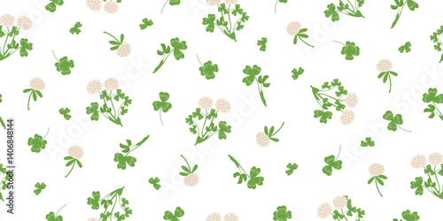 Gardening, spring and nature concept seamless pattern. Nature floral background of clover leaves and flowers isolated on white background. Cover crop concept. Vector hand drawn banner.