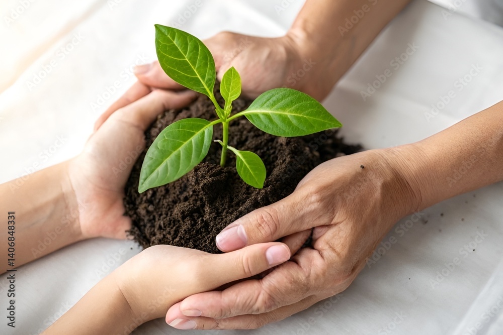 Hands Gently Cradling a Green Seedling in Rich Soil on White Background - Symbol of Growth and Sustainability Hands Gently Cradling a Green Seedling in Rich Soil on White Background - Symbol of Growth and Sustainability