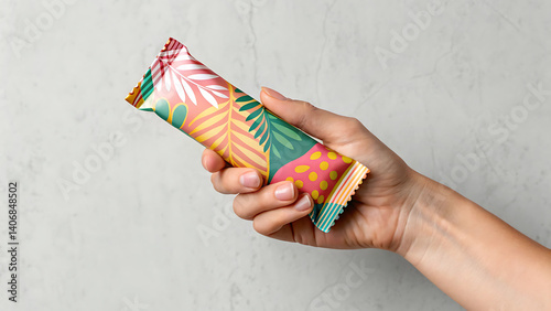 A hand holds a vibrant granola bar package featuring a tropical leaf design perfect for healthy snack branding