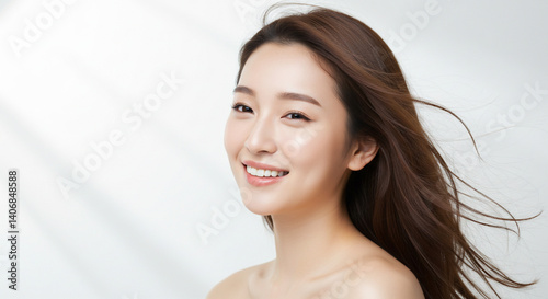 髪を風になびかせ振り向く若い女性（美容、ビューティー、化粧品、、スキンケア、健康）