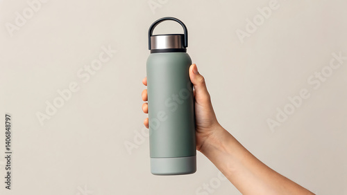 A hand holds a stylish sage green reusable water bottle perfect for hydration on the go promoting sustainable living
