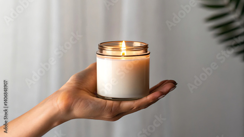 A hand gently holds a lit scented candle in a glass jar creating a calming and relaxing atmosphere perfect for aromatherapy and wellness.