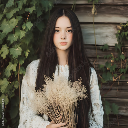 Ethereal Portrait of a Woman with Flowers in a Rustic Setting