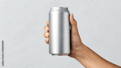 A hand holds a sleek silver aluminum can perfect for beverage branding mockups and product designs
