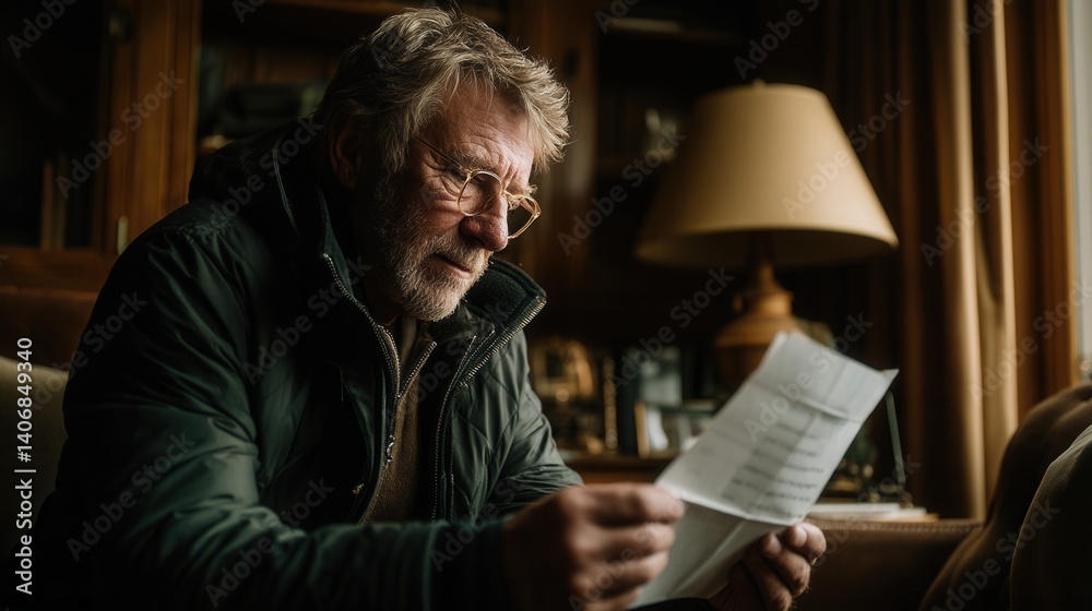 Contemplative older man reading document in cozy home Contemplative older man reading document in cozy home