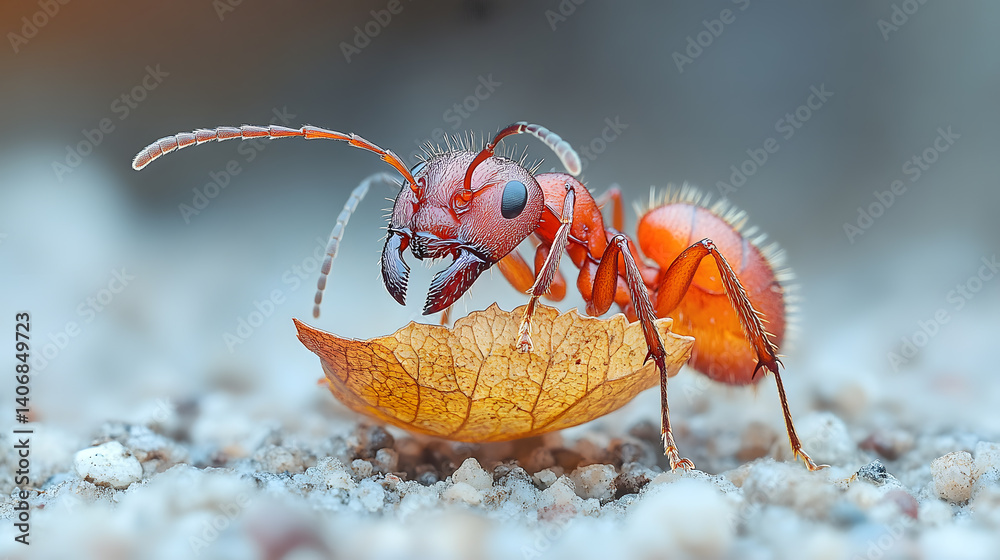 A striking macro photography of an ant carrying a leaf, showcasing its segmented body, powerful jaws, and textured exoskeleton in extraordinary detail.