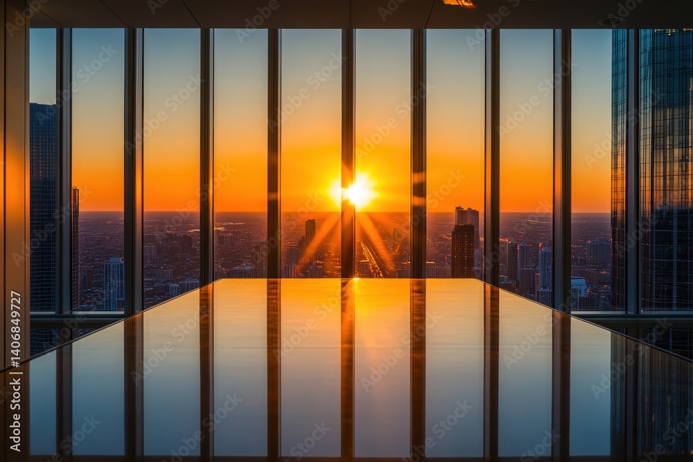 Fototapeta premium Sunset cityscape view through large windows