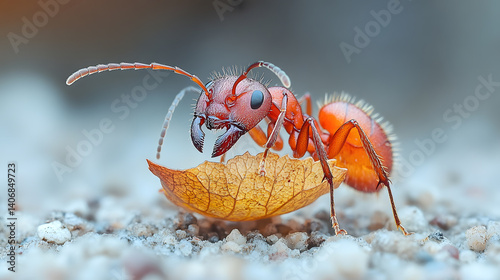 Obraz na płótnie A striking macro photography of an ant carrying a leaf, showcasing its segmented body, powerful jaws, and textured exoskeleton in extraordinary detail. w salonie