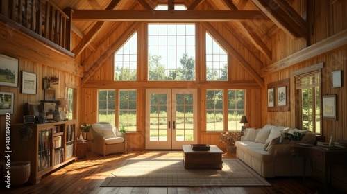 Rustic Wooden Cabin Interior with Sunlight Streaming Through Large Windows