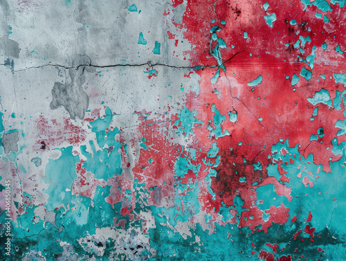 A close-up view of a textured concrete wall with layers of faded paint.