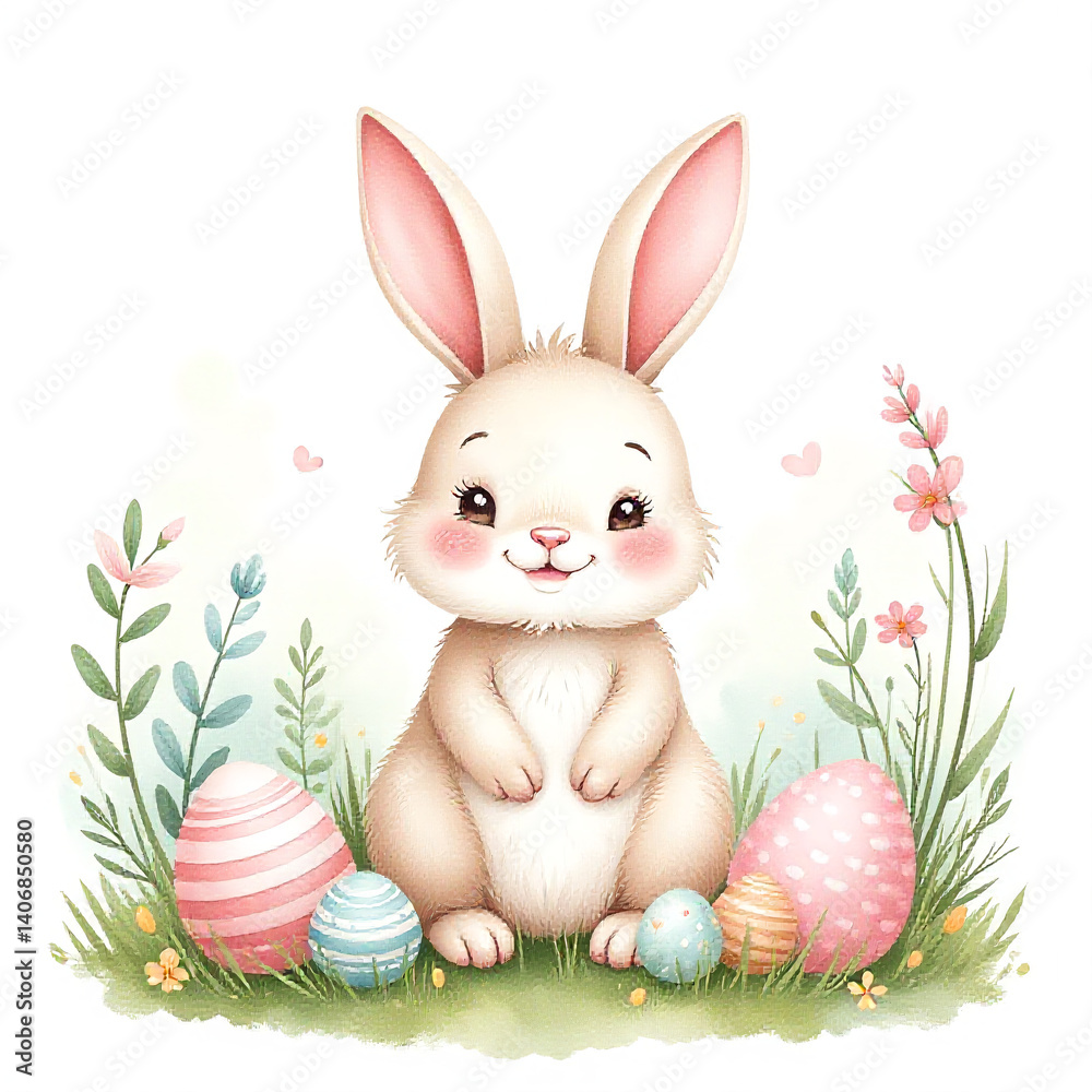 Obraz premium Hand-painted bunny, Easter egg cluster, watercolor spring decor, adorable festive illustration