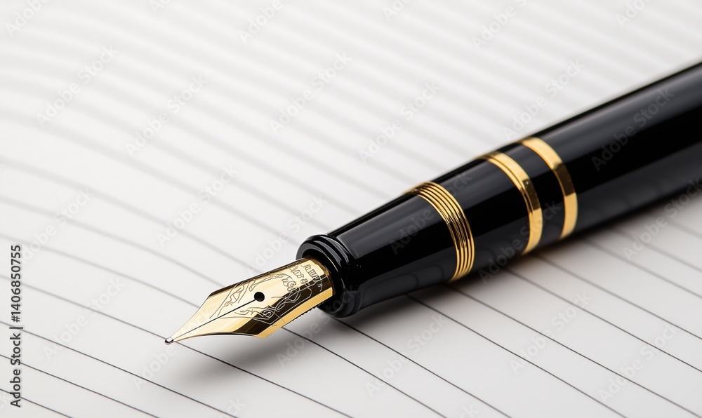 Elegant black fountain pen with gold accents on lined paper background Elegant black fountain pen with gold accents on lined paper background