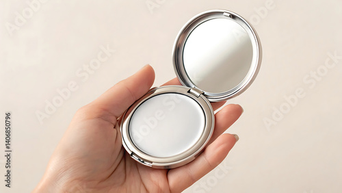 A hand holds a silver compact mirror with pressed powder makeup a perfect beauty accessory