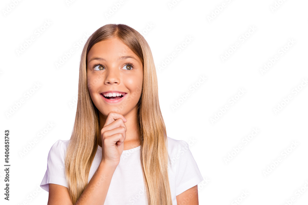 Portrait of positive cheerful funky interested child think about her future weekends feel content excited enthusiastic wear white t-shirt isolated over violet color background Portrait of positive cheerful funky interested child think about her future weekends feel content excited enthusiastic wear white t-shirt isolated over violet color background