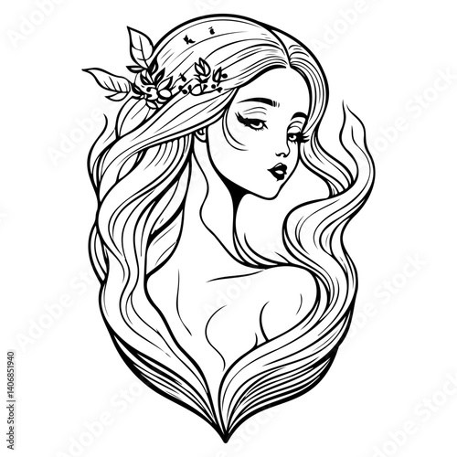 Enigmatic Beauty with Floral Crown Line Artwork