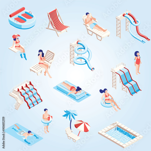 People in swimsuits spending time on beach and in aqua park with slides and pools isometric icons set isolated on white background 3d vector illustration