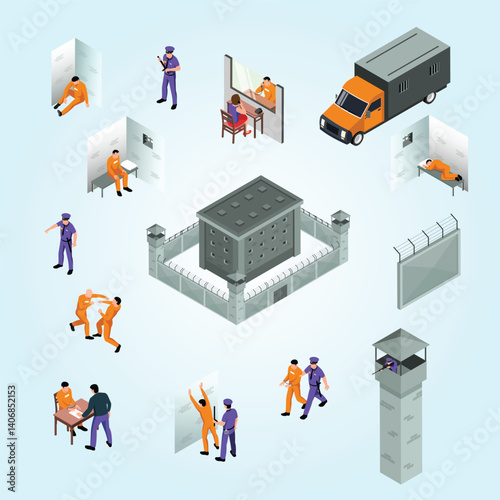 Jail isometric icons set of prison building surrounded by fence with barbed wire and towers and special truck for transport of prisoners and arrested vector illustration