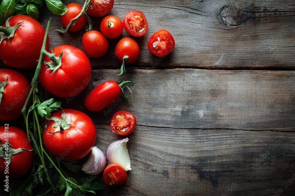 Fresh tomatoes and garlic on a rustic wooden table Fresh tomatoes and garlic on a rustic wooden table