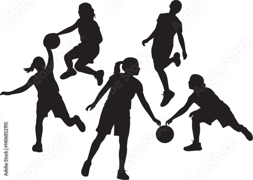 Silhouette of Female Basketball Players in Dynamic Action Poses