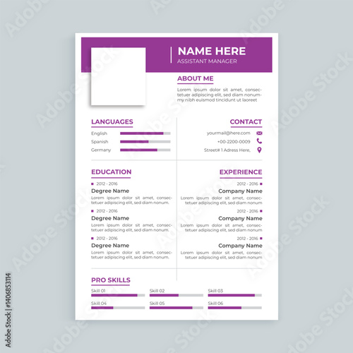 Modern Corporate Resume Template for Assistant Management, Purple Theme, Professional Journey with Strategic Communication, Analytical Skills, and Proven Experience	
