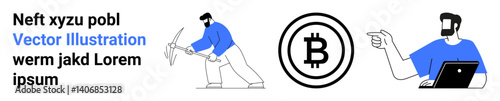 Miner breaking rocks with pickaxe, bitcoin icon, person pointing at screen while using laptop. Ideal for cryptocurrency, blockchain, mining, digital assets, fintech, economy flat landing page banner