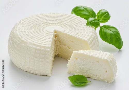 A wheel of white cheese with a slice cut out and basil leaves on a white surface in a studio shot