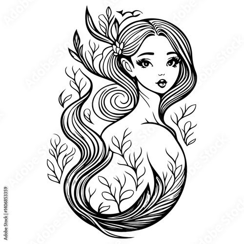 Enchanting Floral Maiden Sketch Vector Design