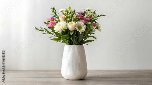 Elegant Pink and White Flower Bouquet in a White Vase on Wooden Table
