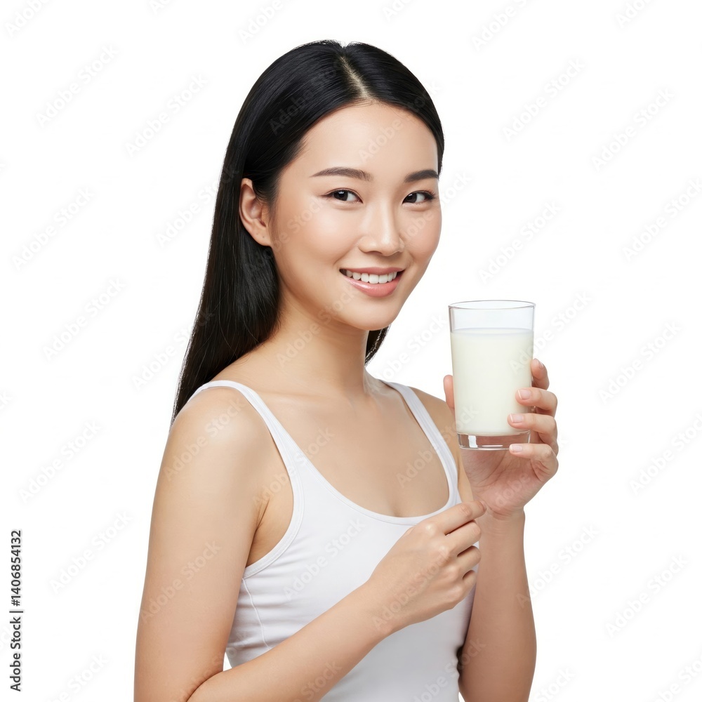 Drinking milk,Young beautiful asian woman wearing a white tank top, holding a glass of milk isolated on background,Health care concept Drinking milk,Young beautiful asian woman wearing a white tank top, holding a glass of milk isolated on background,Health care concept