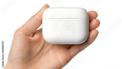 A hand holds Apple AirPods charging case wireless earbuds technology audio device