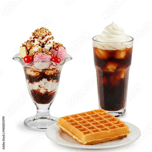 Image was revised.Sundae, iced coffee with cream and waffle on a white background