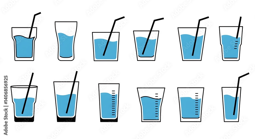 Twelve Glasses of Water Different Levels Simple Line Art Illustration with Straws Clean Design Twelve Glasses of Water Different Levels Simple Line Art Illustration with Straws Clean Design