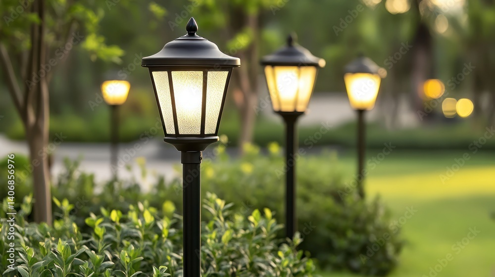Illuminated garden path lights at dusk