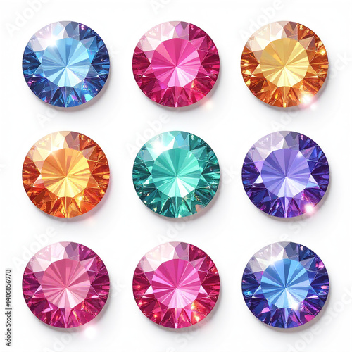 Glossy jewel stickers, multicolor round embellishments, decorative crystal set on white