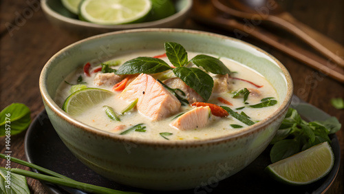 Luxurious Tom Kha Soup with shrimp and basil leaf 