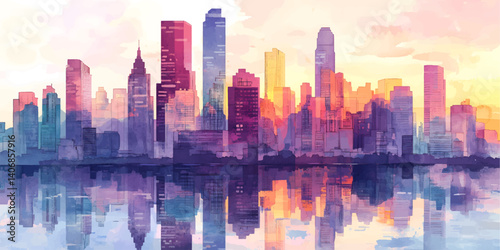 Colorful city skyline reflected in water at sunset. vibrant watercolor painting of a city skyline, reflected in a calm body of water