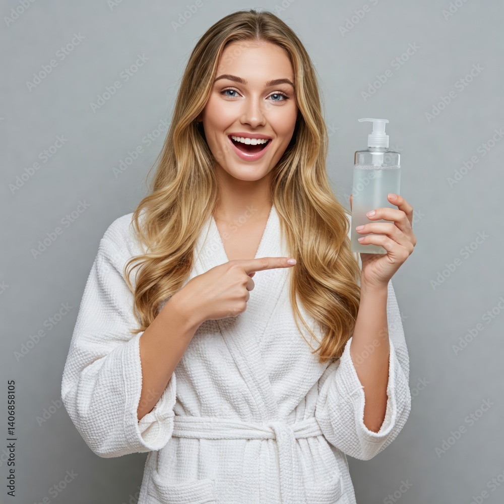 Pretty caucasian young woman lady girl pointing at beauty treatment bottle product, shower gel shampoo for hair face skin care, hydration and rejuvenation isolated in grey background Pretty caucasian young woman lady girl pointing at beauty treatment bottle product, shower gel shampoo for hair face skin care, hydration and rejuvenation isolated in grey background