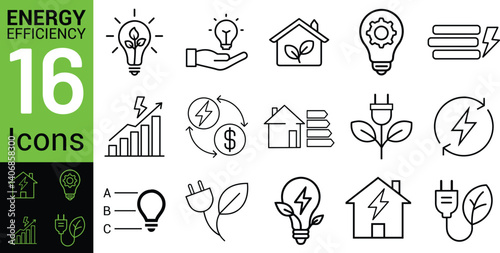 Set of 16 Clean Energy Efficiency Icons. Vector illustration.