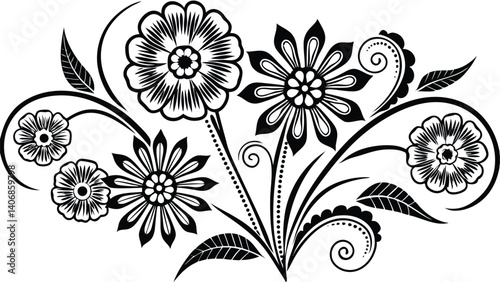 Black and white floral vector design with ornate flower and leaf pattern creates a vintage art illustration for elegant decoration