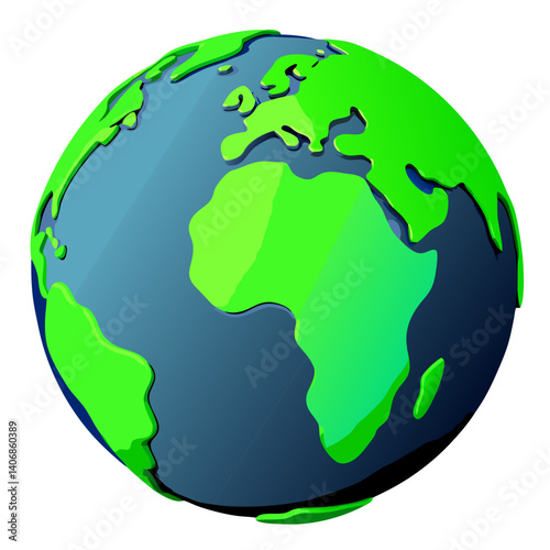 Vibrant Earth globe illustration stylized green continents dark blue oceans simple 3D design perfect