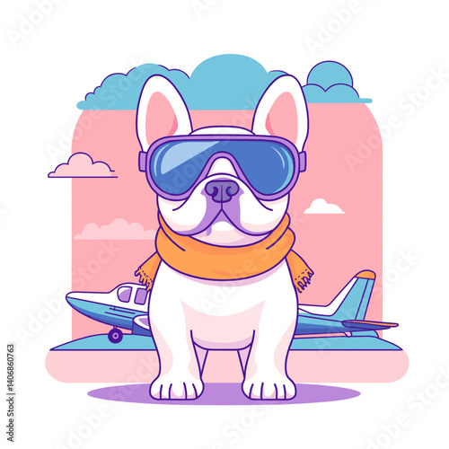 Adorable French bulldog in aviator goggles and pilot scarf, standing confidently with small plane behind