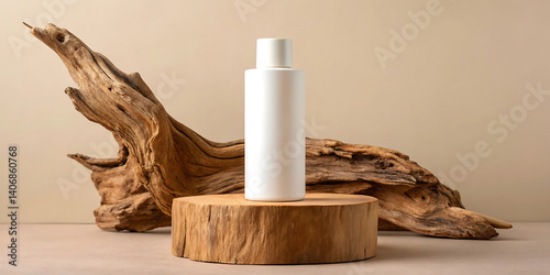 White cosmetic bottle mockup on wooden display with driftwood natural background for product branding
