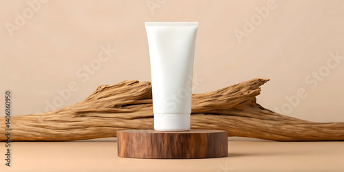 Elegant White Cosmetic Tube on Wooden Display Natural Skincare Product Mockup